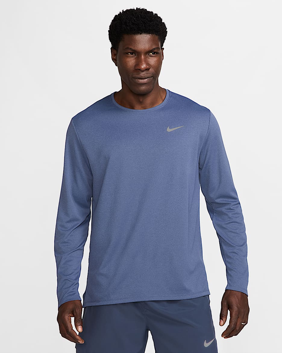 Nike Miler UV-hardlooptop met lange mouwen en Dri-FIT voor heren - Diffused Blue/Thunder Blue/Heather