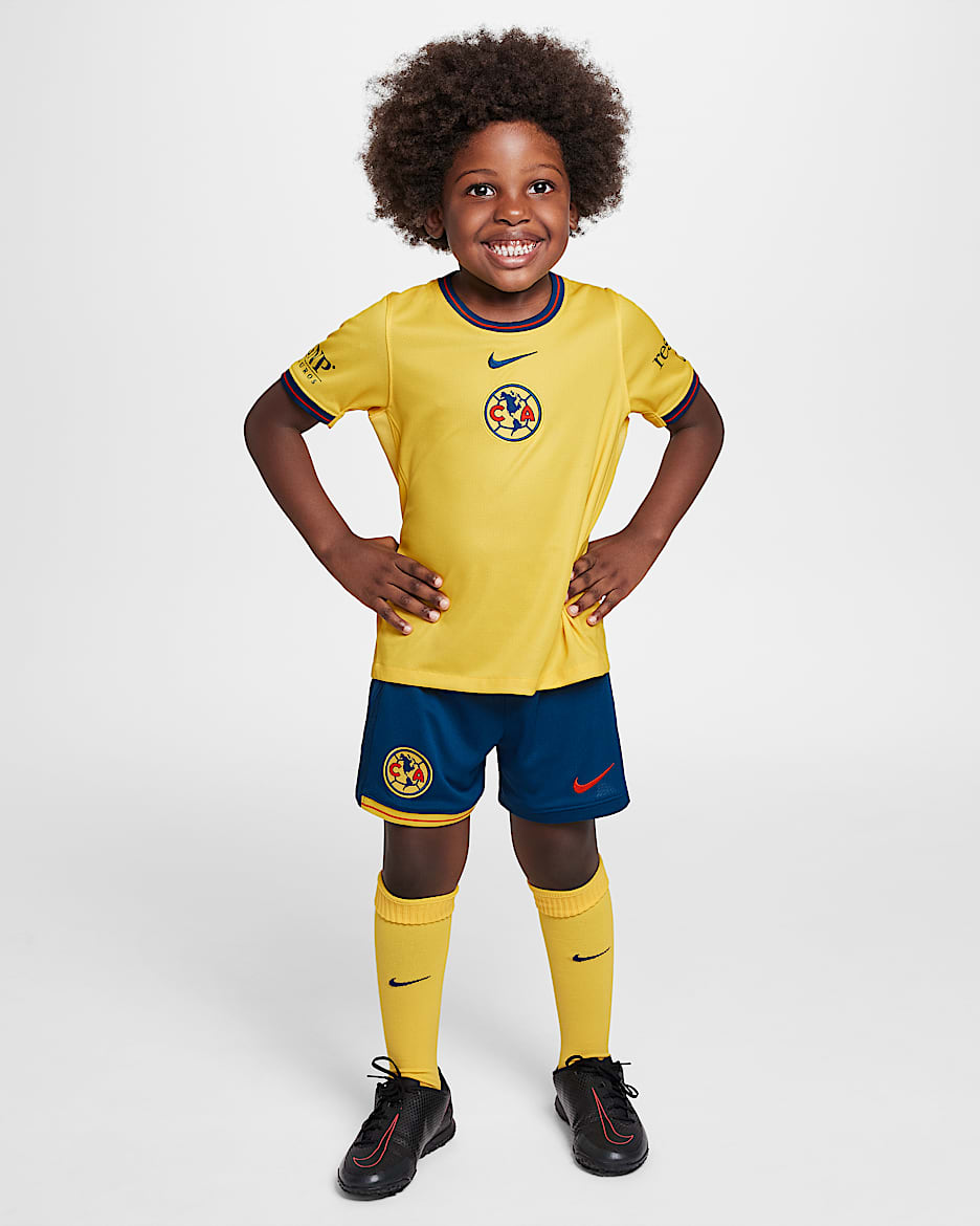 Kit de 3 piezas de fútbol Nike Replica para niños talla pequeña Club América local 2024/25 Stadium - Amarillo tour/Azul valeriana/Azul valeriana