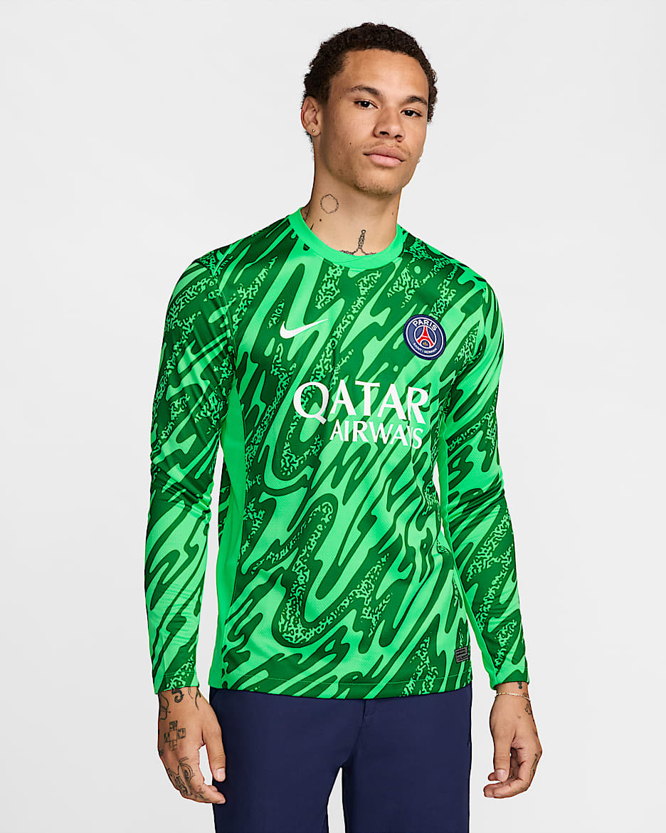 Jersey de fútbol de manga larga Nike Dri-FIT Replica del Paris Saint-Germain portero 2024/25 Stadium para hombre - Verde chispa/Verde pino/Blanco