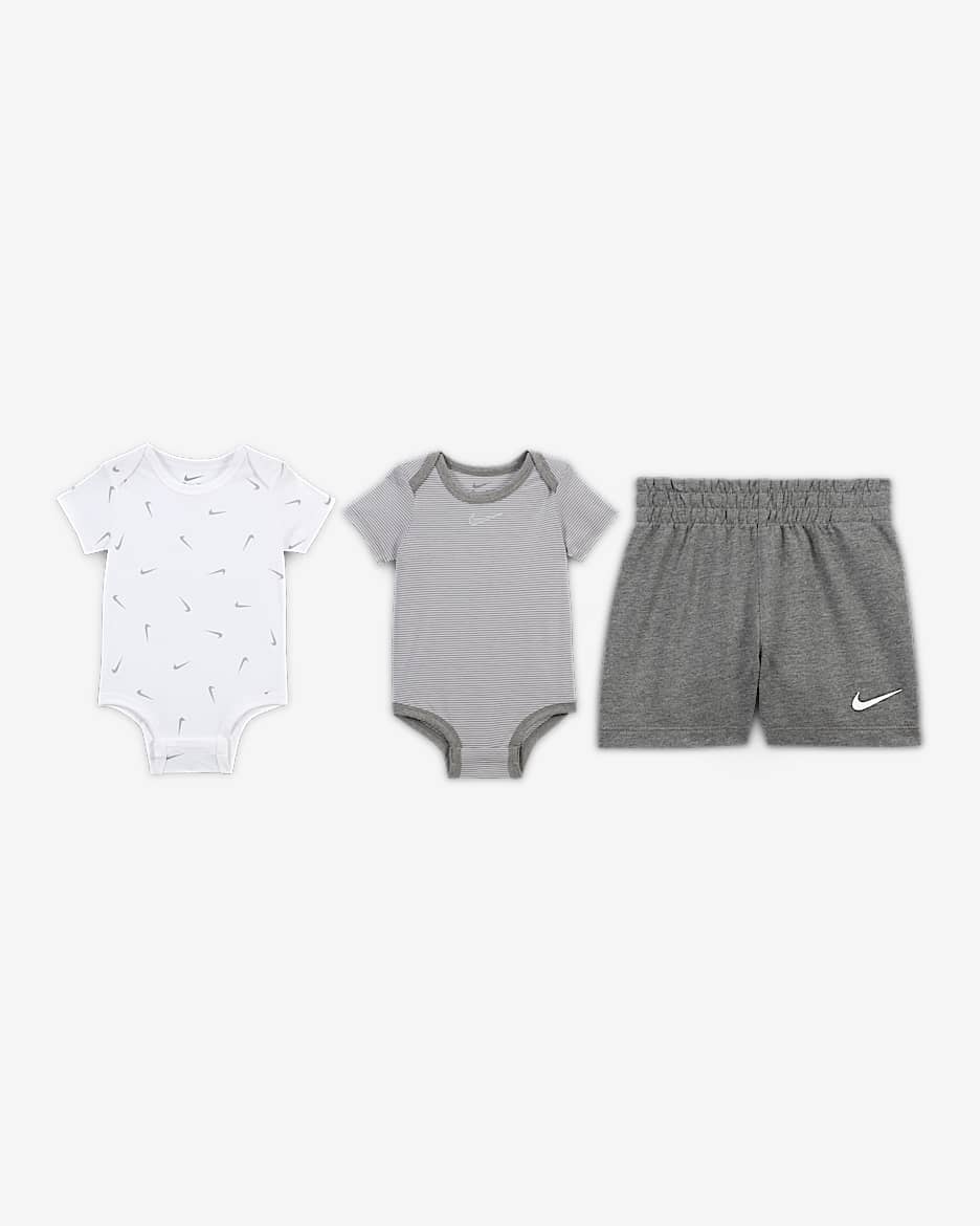 Nike Essentials Baby (0-9M) 3-Piece Striped Swooshfetti Set - Dark Grey Heather