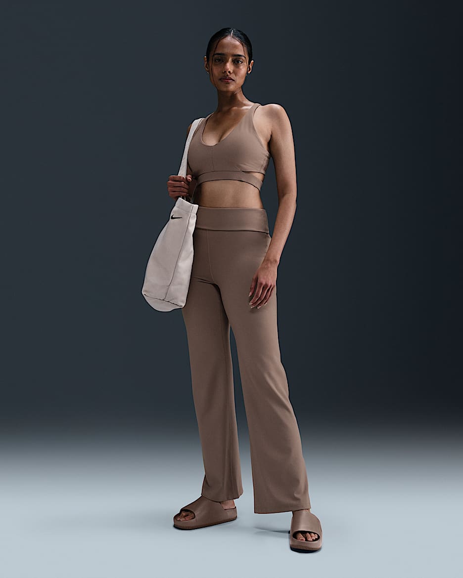 Nike One Women's Dri-FIT High-Waisted Fold-Over Trousers - Mink Brown/Black