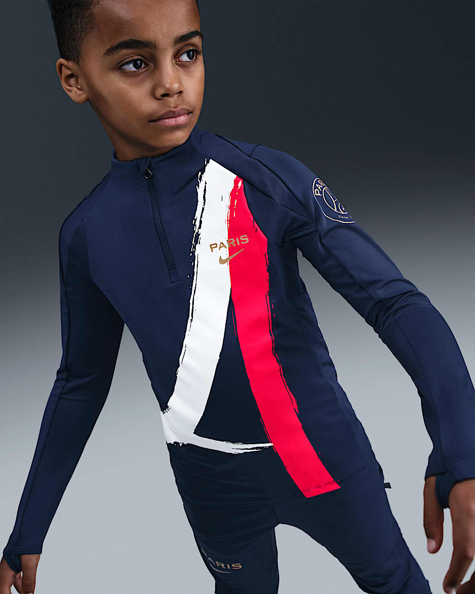 Paris Saint-Germain Strike Nike Dri-FIT Fußball-Drill-Oberteil für ältere Kinder - Midnight Navy/Metallic Gold