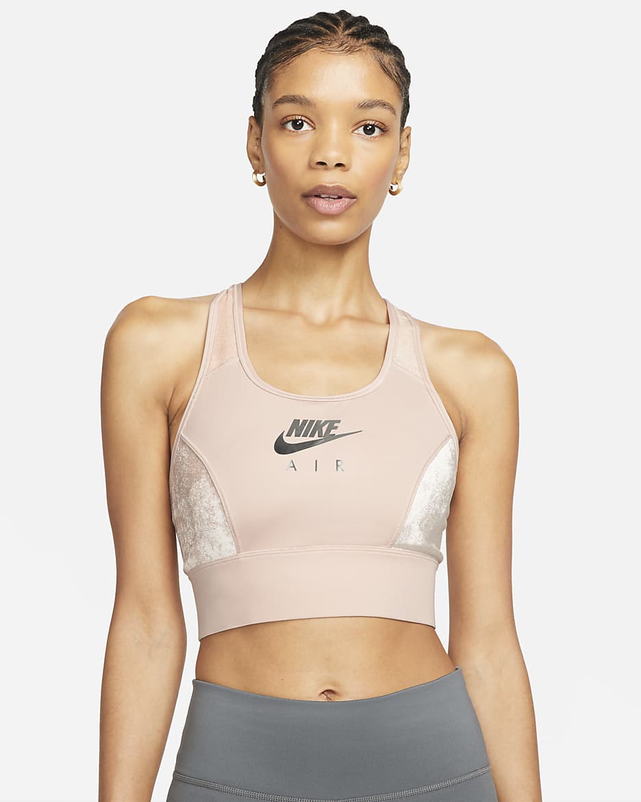 Bra deportivo de velour sin almohadilla de media sujeción para mujer Nike Air Swoosh - Rosa Oxford/Negro