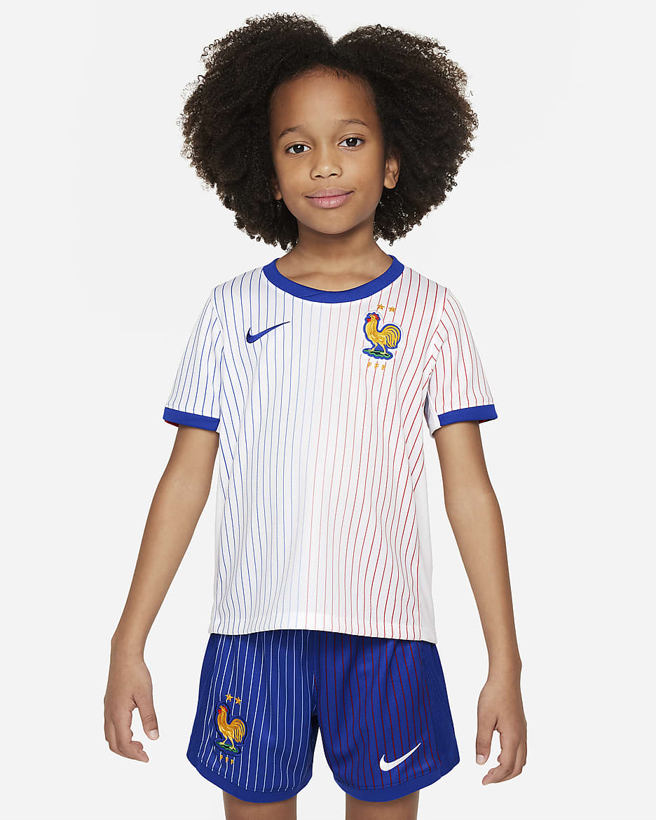 FFF 2024/25 Stadium Away Younger Kids' Nike Football Replica 3-Piece Kit - White/Bright Blue/University Red/Bright Blue