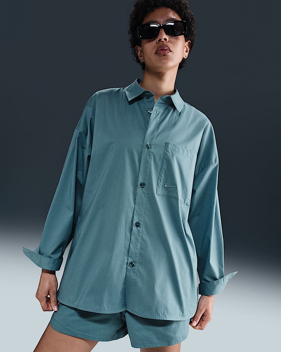 Nike Sportswear Chill Poplin Women's Loose Long-Sleeve Button-Up Top - Smokey Blue/Smokey Blue