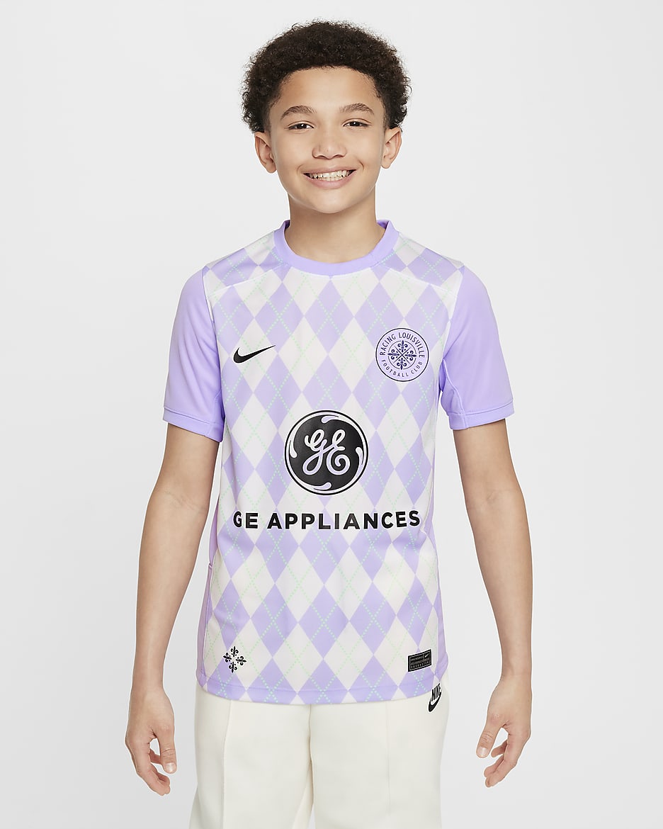 Jersey Nike Dri-FIT de la NWSL tipo réplica para niños talla grande Racing Louisville FC 2024 Stadium Primary - Bruma lavanda