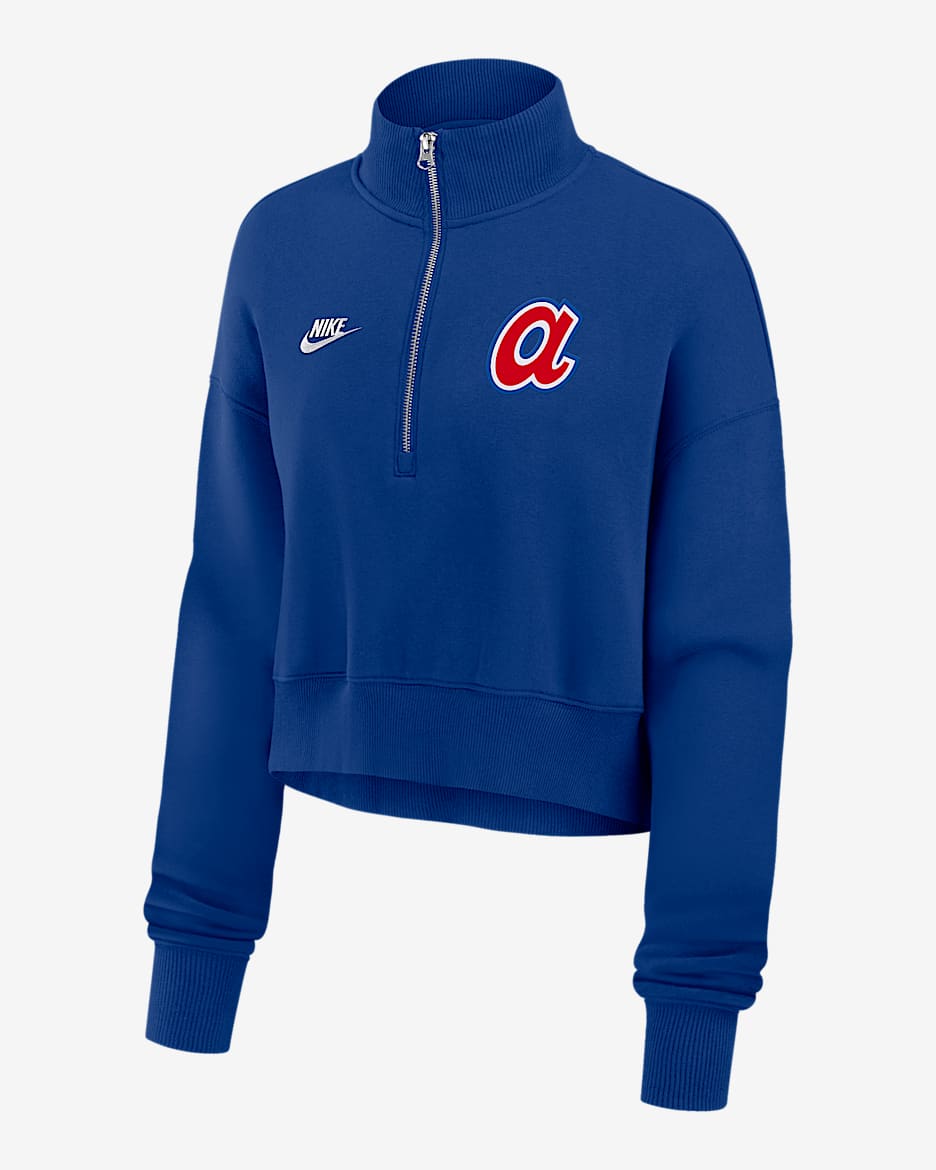 Sudadera de cuello redondo Nike de la MLB cropped de medio cierre para mujer Atlanta Braves Cooperstown Phoenix - Azul marino