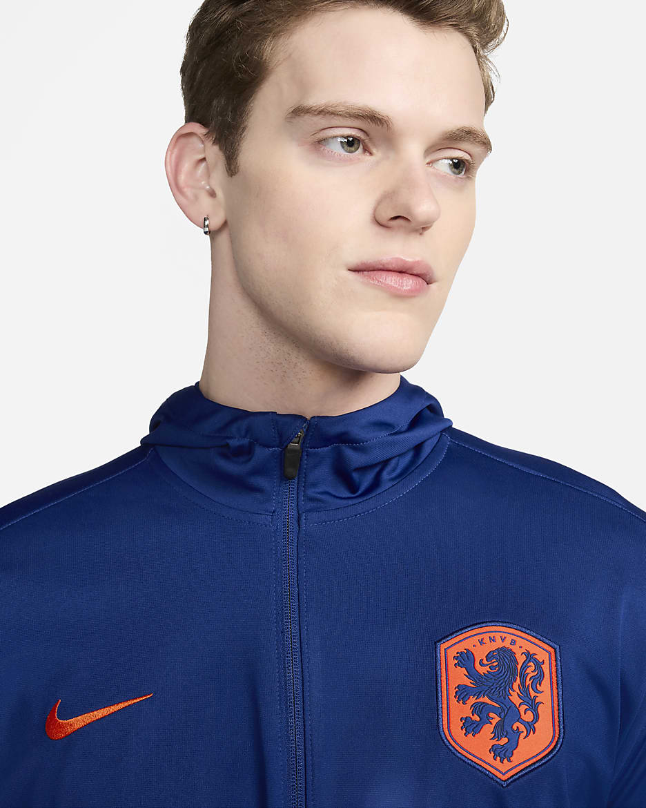 Netherlands Strike Nike Dri-FIT kapucnis, kötött férfi futballtréningruha - Deep Royal Blue/Safety Orange/Safety Orange