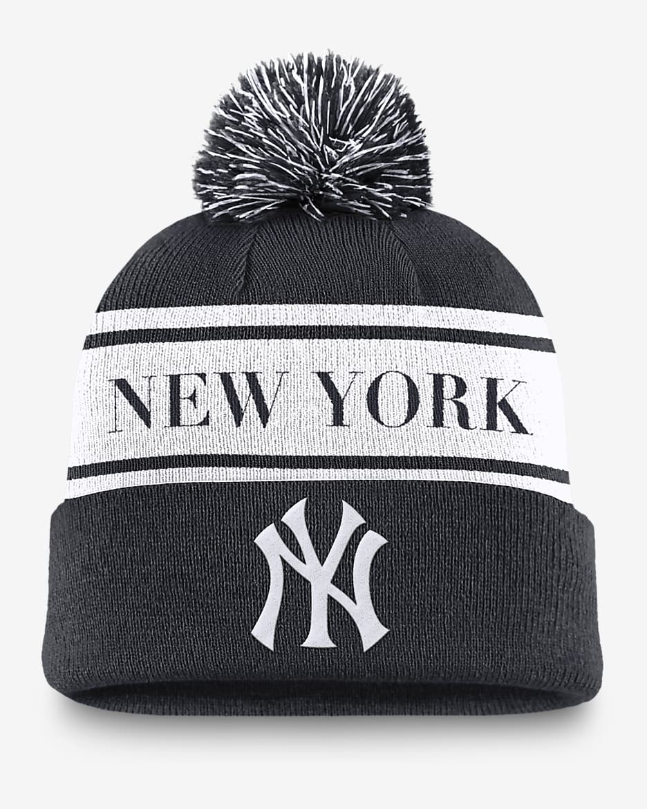 New York Yankees Team Stripe Peak Men's Nike MLB Cuffed Pom Beanie - Navy