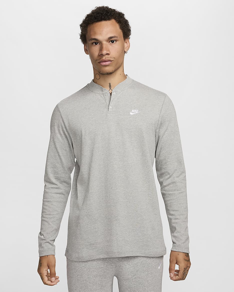 Henley de manga larga para hombre Nike Club - Gris oscuro jaspeado/Gris humo claro/Blanco