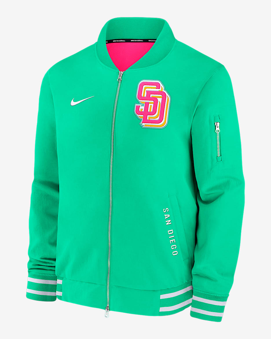 Chamarra bomber Nike de la MLB de cierre completo para hombre San Diego Padres Authentic Collection City Connect - Verde