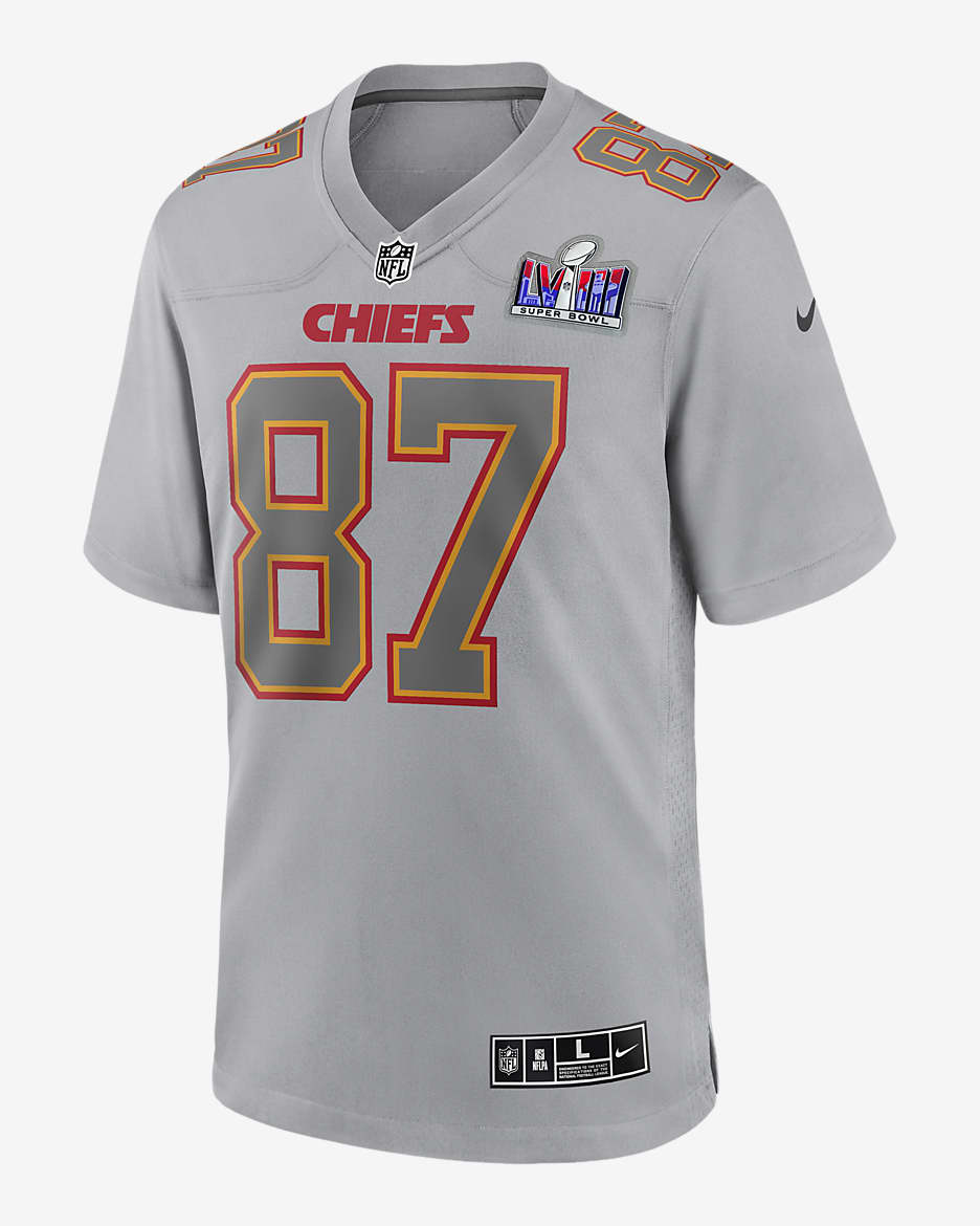 Jersey Nike de la NFL Atmosphere Game para hombre Travis Kelce Kansas City Chiefs Super Bowl LVIII - Gris