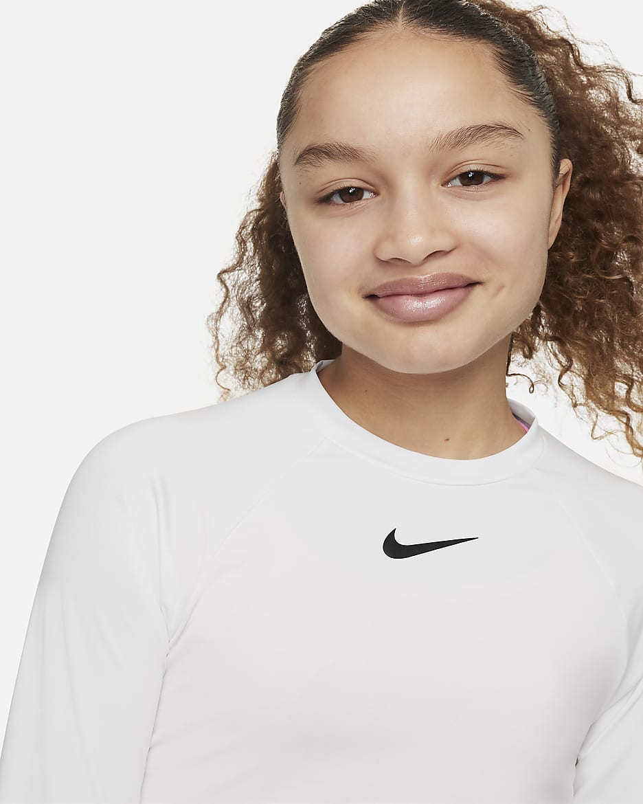 Playera Hydroguard de manga larga para niña talla grande Nike Swim Charms - Blanco