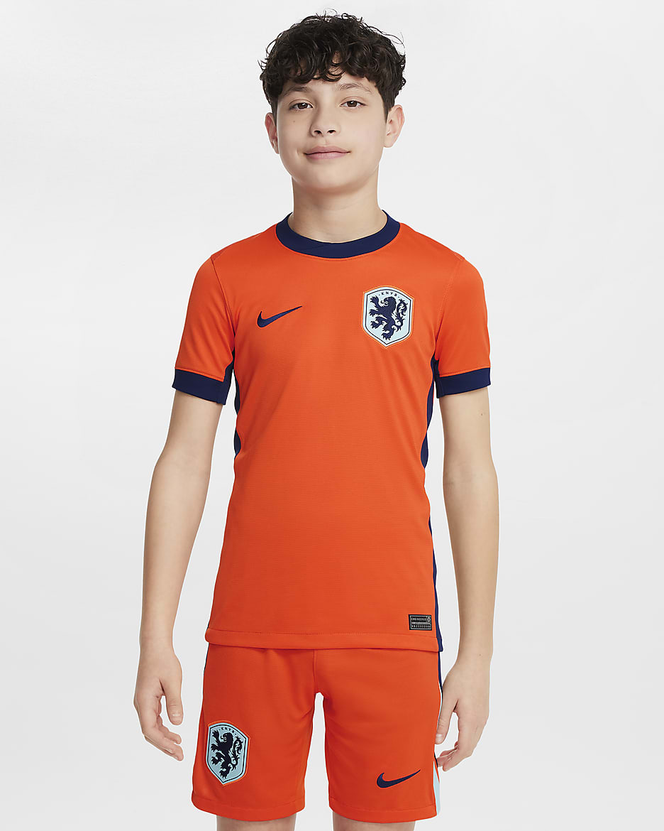 Netherlands (Men's Team) 2024/25 Stadium Home Nike Dri-FIT Soccer Replica Fußballtrikot für ältere Kinder - Safety Orange/Blue Void/Copa/Blue Void