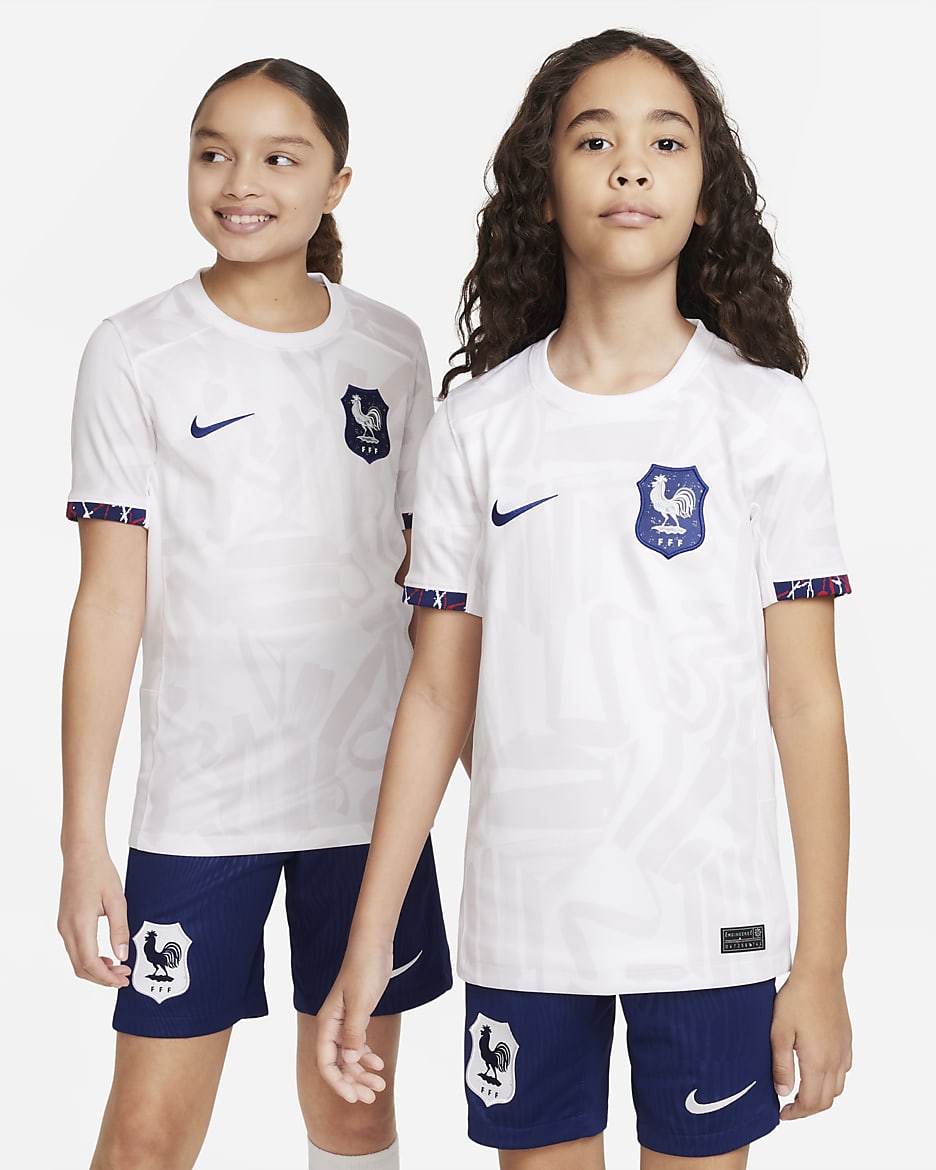 Jersey de fútbol Nike Dri-FIT para niños talla grande FFF 2023 Stadium Away - Blanco/Venecia/Azul fiel