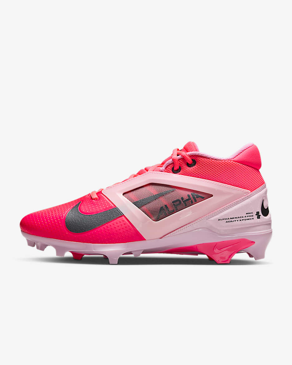 Tacos de fútbol americano Nike Alpha Menace Pro 4 - Rosa carrera/Espuma rosa/Gris humo oscuro/Gris humo oscuro