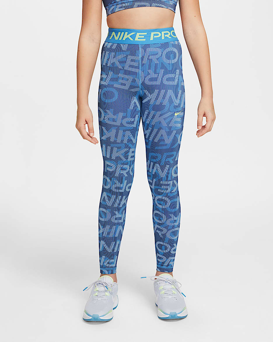 Nike Pro Older Kids' (Girls') Dri-FIT Mid-Rise Leggings - Blue Beyond/Blue Beyond/Light Lemon Twist