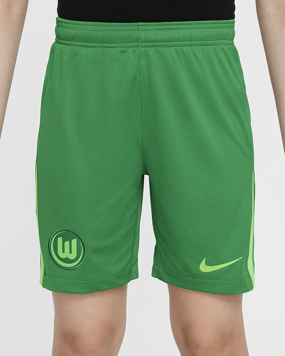 Primera i segona equipació Stadium VfL Wolfsburg 2024/25 Pantalons curts de futbol de rèplica Nike Dri-FIT - Nen/a - Lucky Green/Blanc/Sub Lime