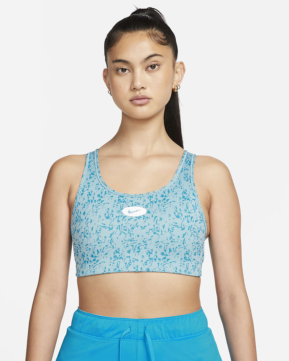 Nike Swoosh Icon Clash Women's Medium-Support Padded Strappy Printed Sports Bra - Worn Blue/White