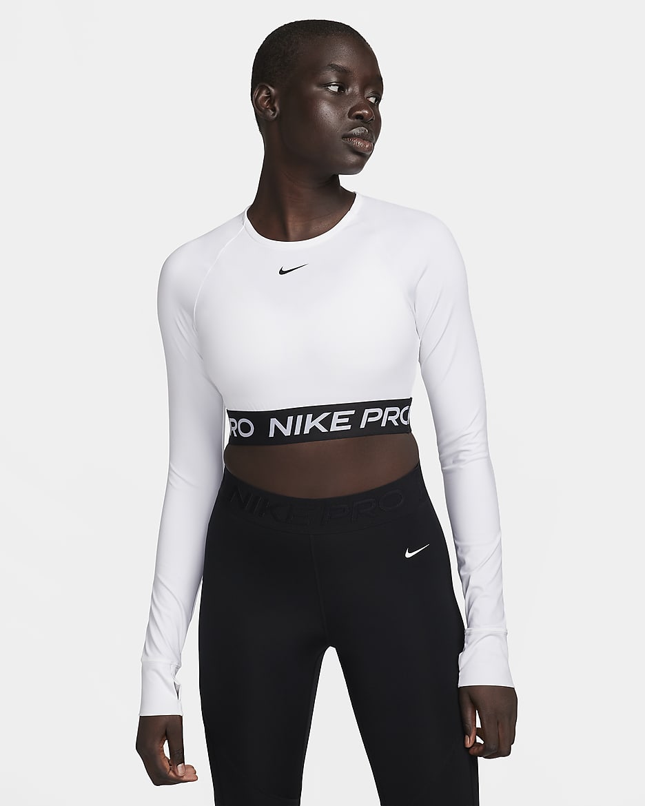 Nike Pro 365 女款 Dri-FIT 短版長袖上衣 - 白色/黑色