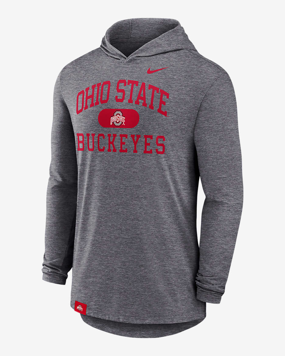 Ohio State Buckeyes Blitz Men's Nike Dri-FIT College Long-Sleeve Hooded T-Shirt - Grey Heather