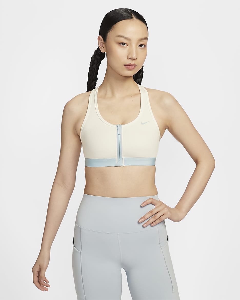 สปอร์ตบราซัพพอร์ตระดับกลางเสริมฟองน้ำซิปหน้าผู้หญิง Nike Swoosh - Sail/Ocean Bliss