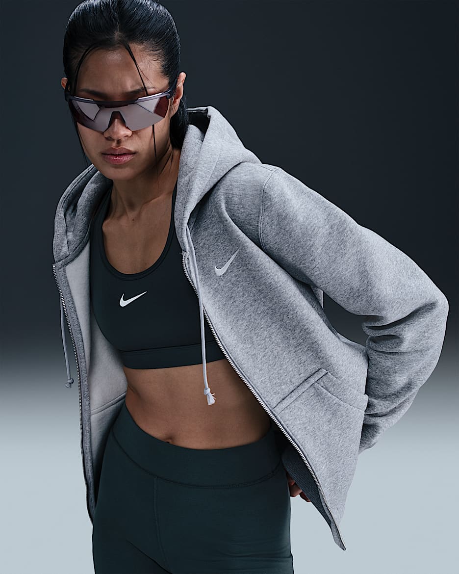 Nike Sportswear Phoenix Fleece-hættetrøje med fuld lynlås til kvinder - Dark Grey Heather/Sail