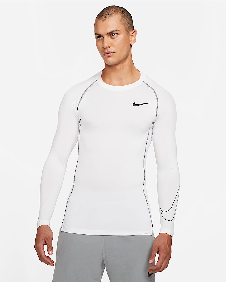 Playera de manga larga con corte ajustado para hombre Nike Pro Dri-FIT - Blanco/Negro/Negro