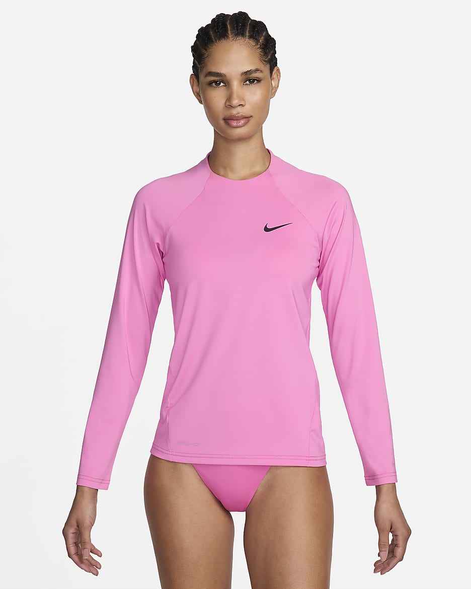 Camiseta Hydroguard de natación de manga larga para mujer Nike Essential - Rosa alegre