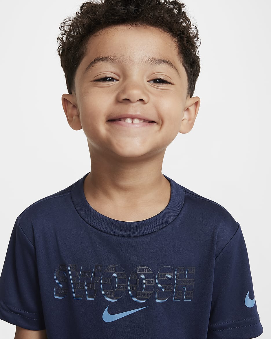 Playera Swoosh infantil Nike Dri-FIT "Just Do It" - Azul marino medianoche