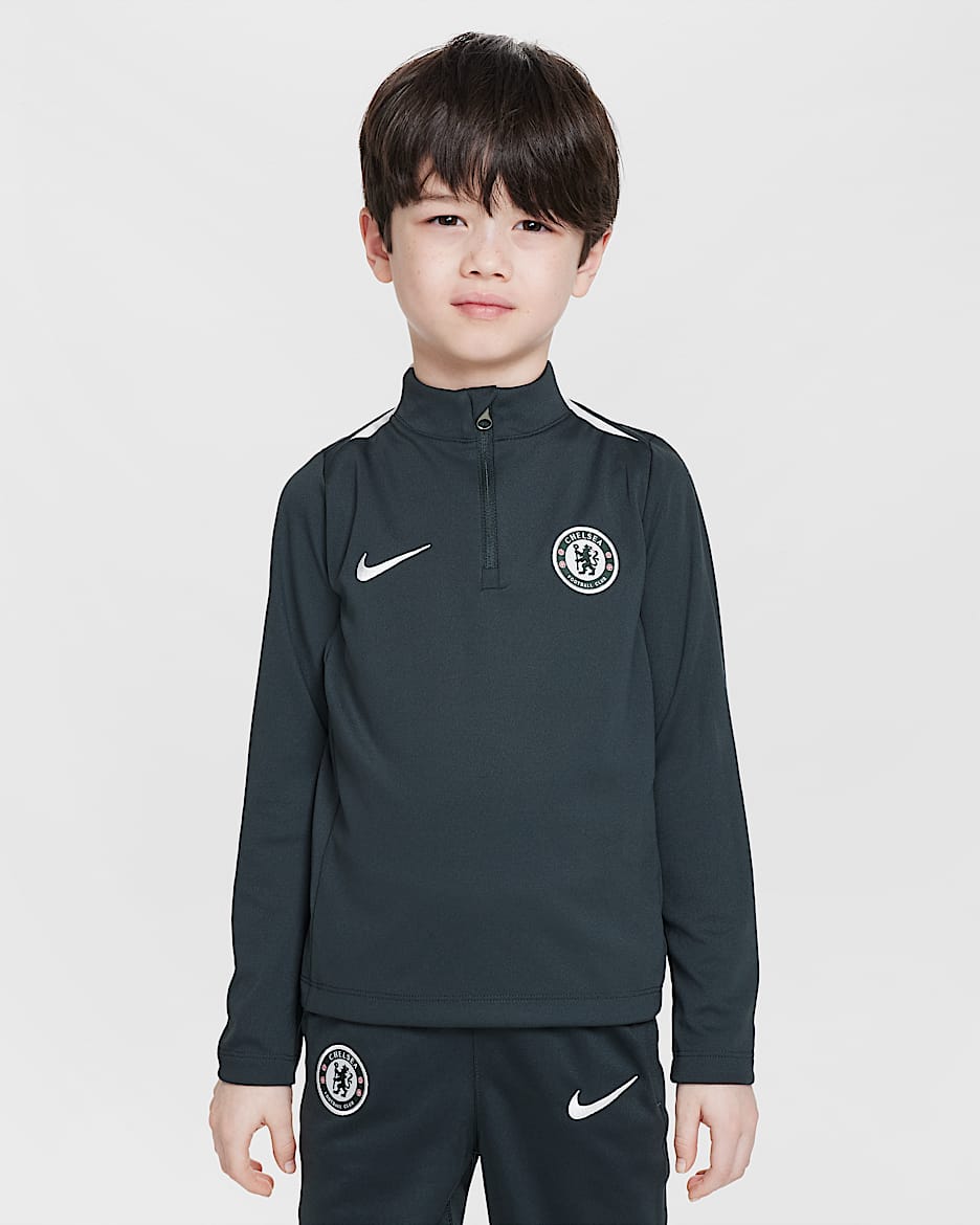 Chelsea F.C. Academy Pro Younger Kids' Nike Dri-FIT Football Drill Top - Outdoor Green/Phantom/Phantom