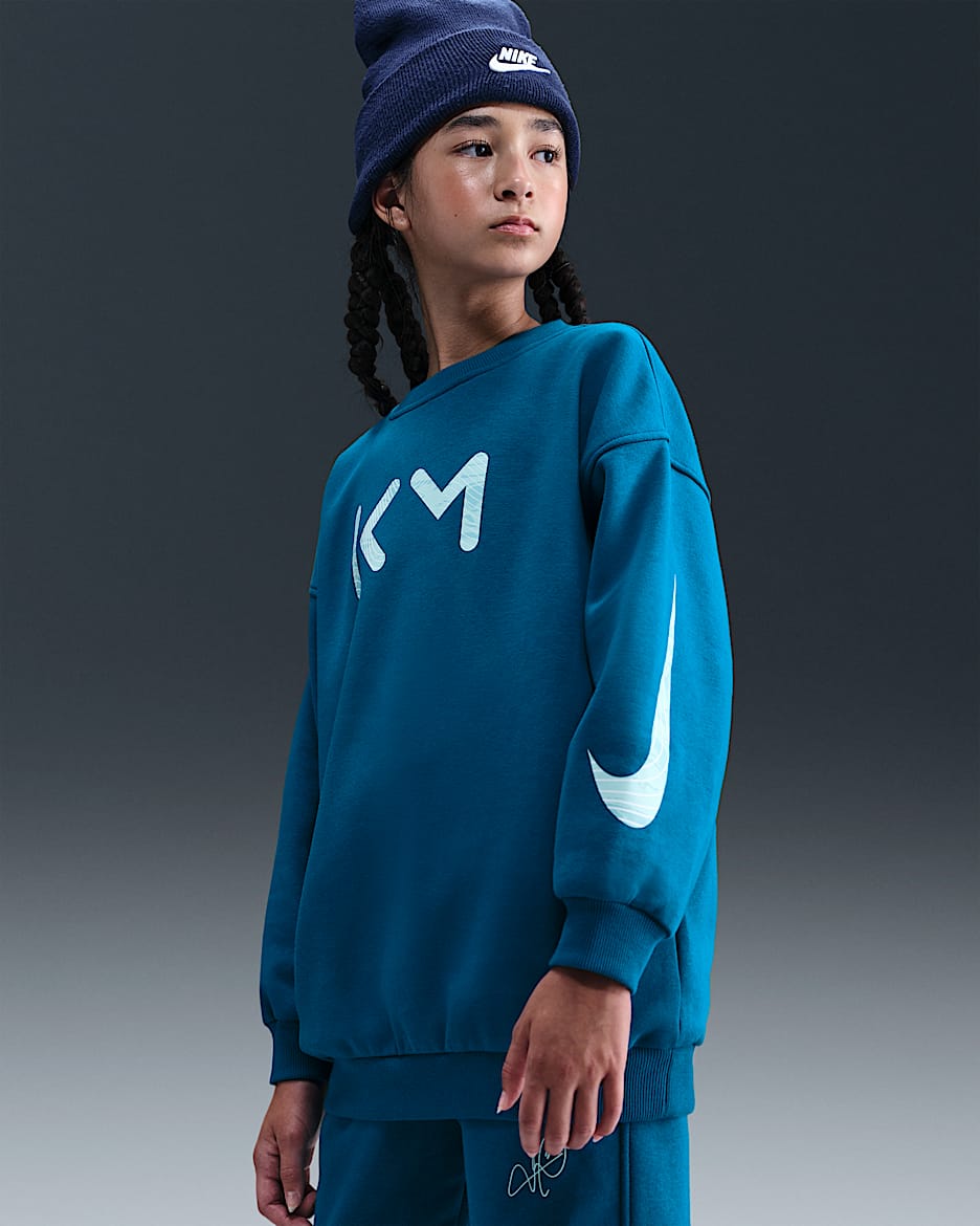 Kylian Mbappé Club Fleece Older Kids' (Girls') Nike Football Oversized Crew-Neck - Green Abyss/Igloo