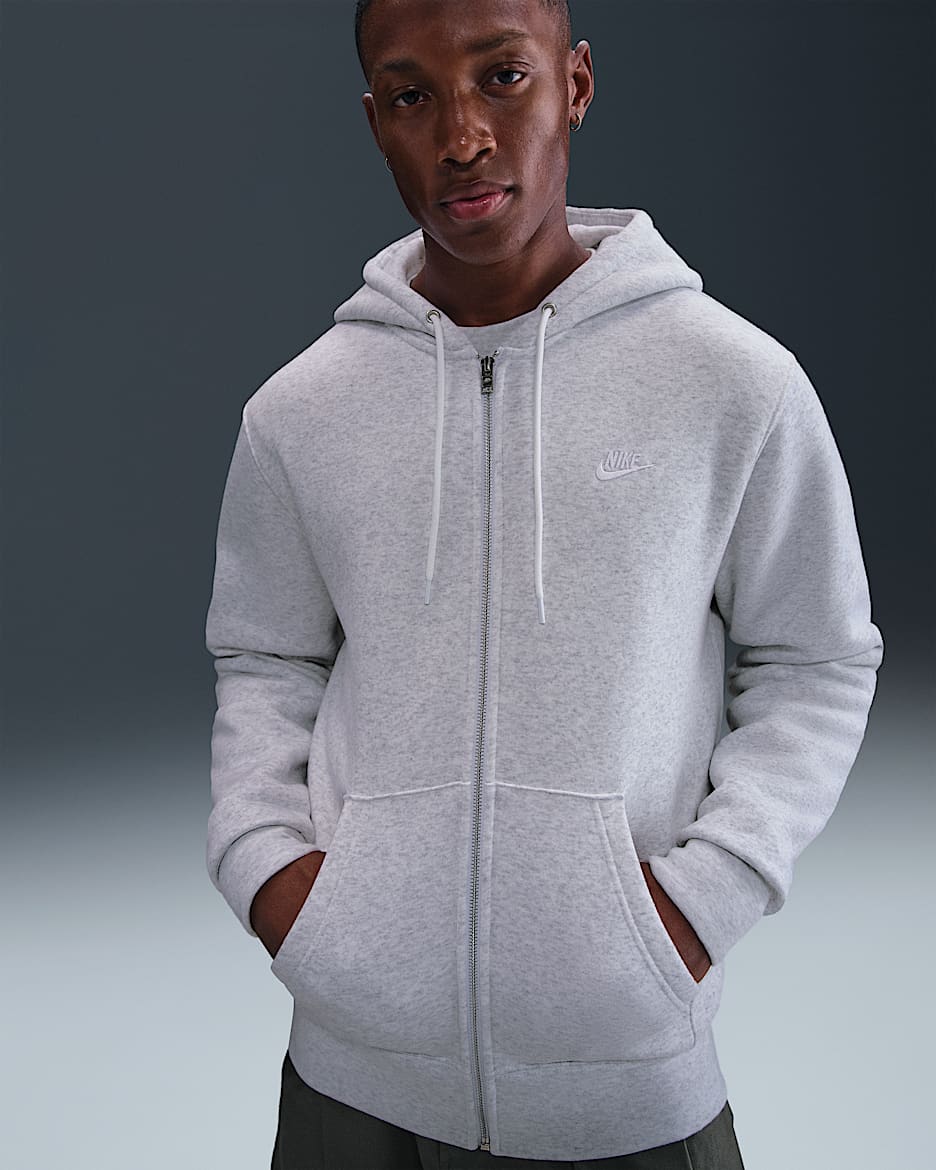 Nike Club Men's Full-Zip Fleece Hoodie - Birch Heather/White/White