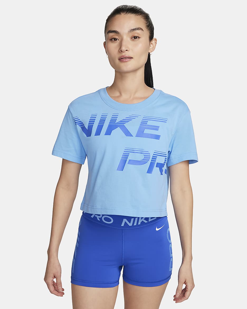 ナイキ プロ ウィメンズ Dri-FIT グラフィック ショートスリーブ トップ - ユニバーシティブルー