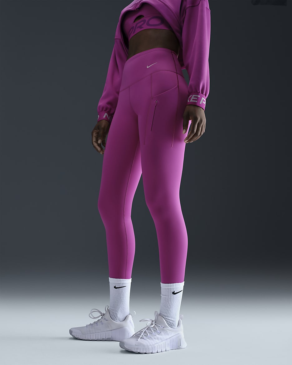 Nike Go Leggings de longitud completa, talle alto y sujeción firme con bolsillos - Mujer - Hot Fuchsia/Negro