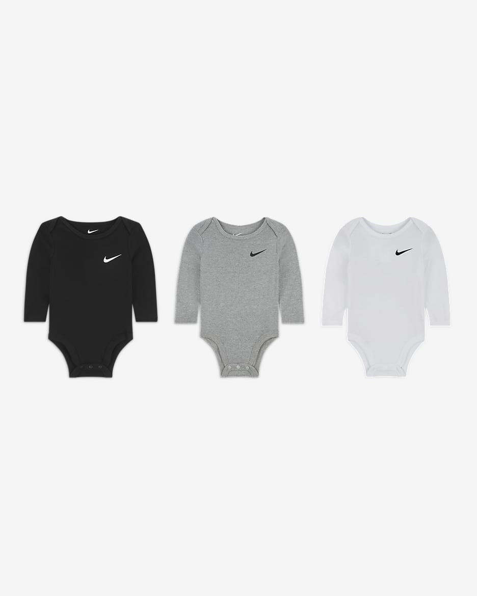 Bodys de manga larga paquete de 3 para bebé (0 a 9 meses) Nike Essentials - Gris oscuro jaspeado