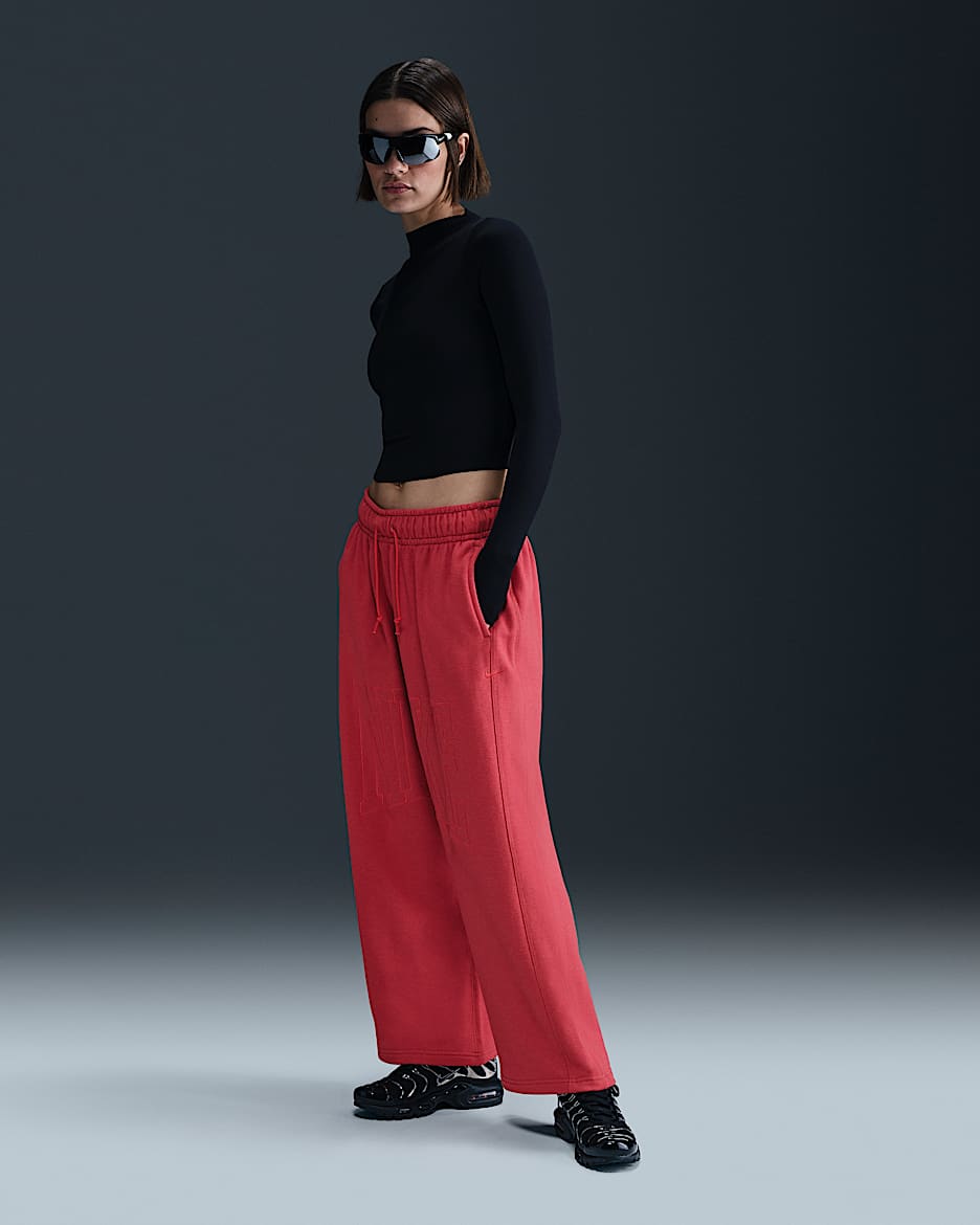 Nike Sportswear Women's Mid-Rise Oversized Open-Hem French Terry Pants - Light University Red Heather/Heather