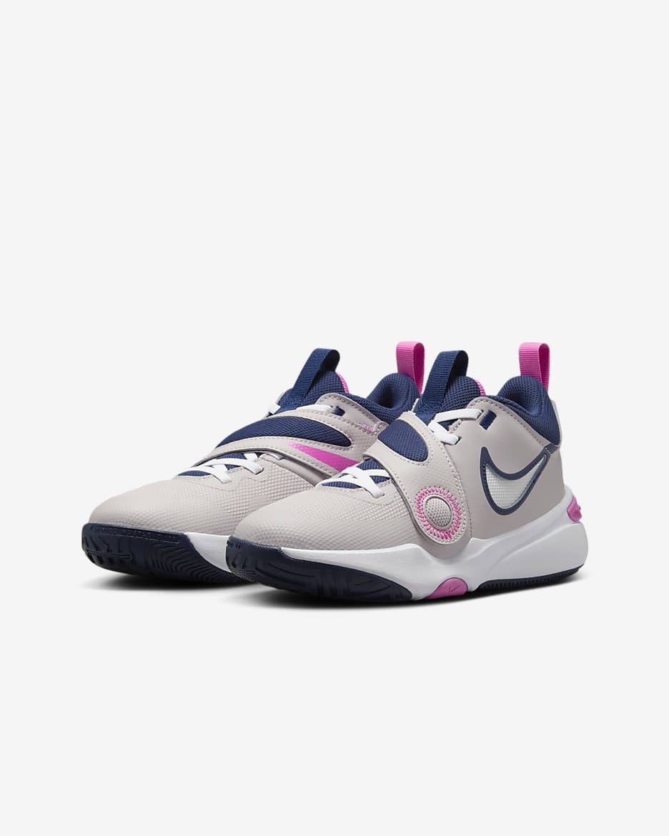 Calzado de básquetbol para niños talla grande Nike Team Hustle D 11 - Violeta platino/Rosa alegre/Azul marino medianoche/Blanco