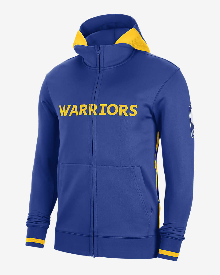 Sudadera con gorro de cierre completo de la NBA Nike Dri-FIT para hombre Golden State Warriors Showtime - Azul enérgico/Amarillo/Azul enérgico/Blanco