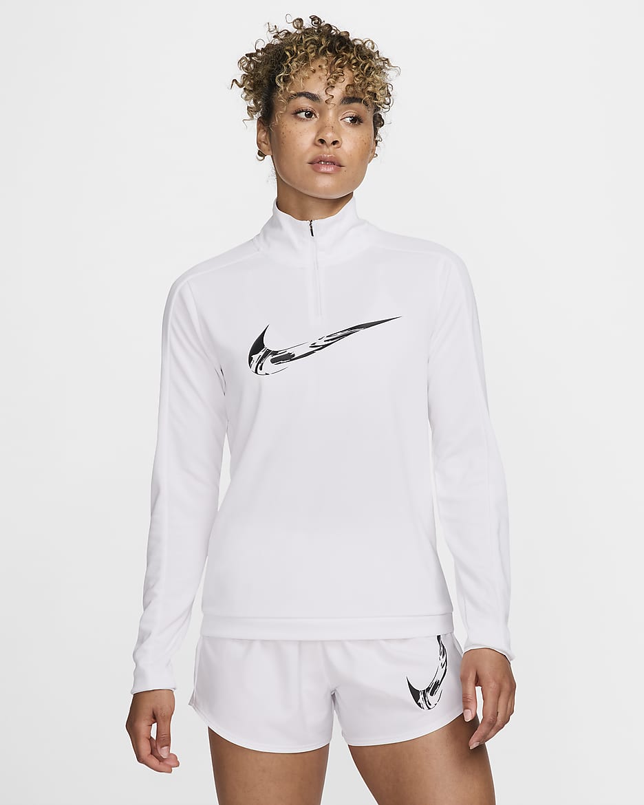 Nike Swoosh Dri-FIT Çeyrek Fermuarlı Kadın Koşu Üstü - Beyaz/Siyah