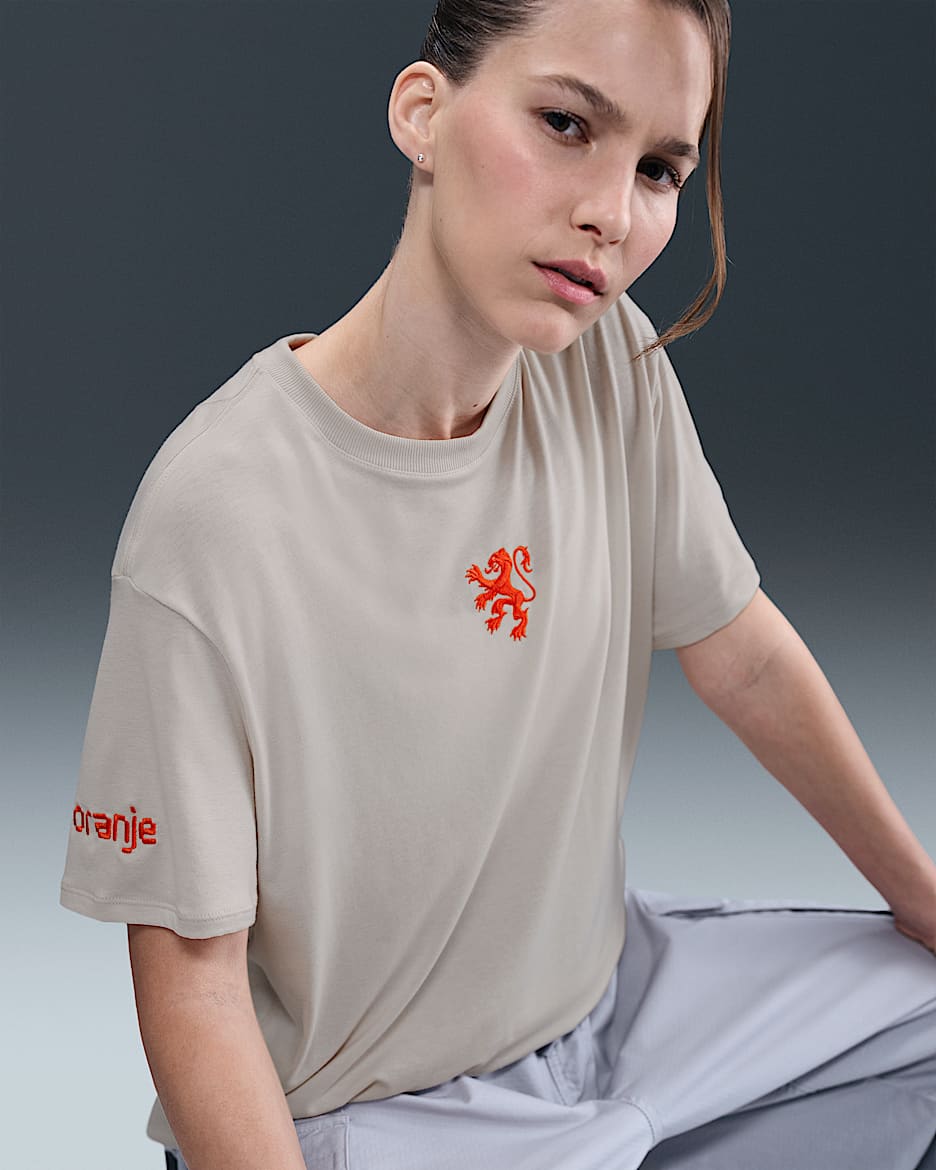 Netherlands Relaxed Women's Nike One Dri-FIT Football Short-Sleeve Top - Light Orewood Brown/Safety Orange/White