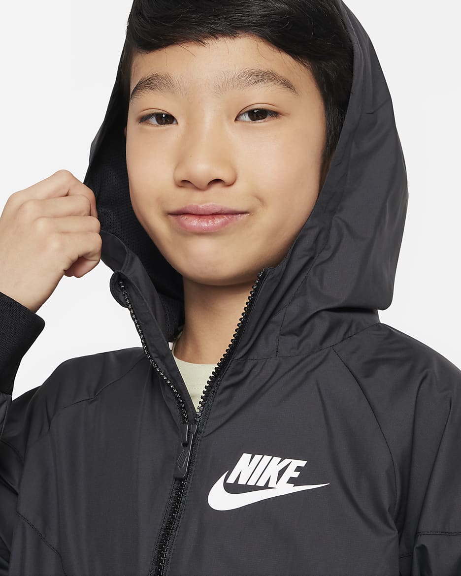 Nike Sportswear Windrunner lockere, hüftlange Jacke mit Kapuze für ältere Kinder (Jungen) - Schwarz/Schwarz/Schwarz/Weiß