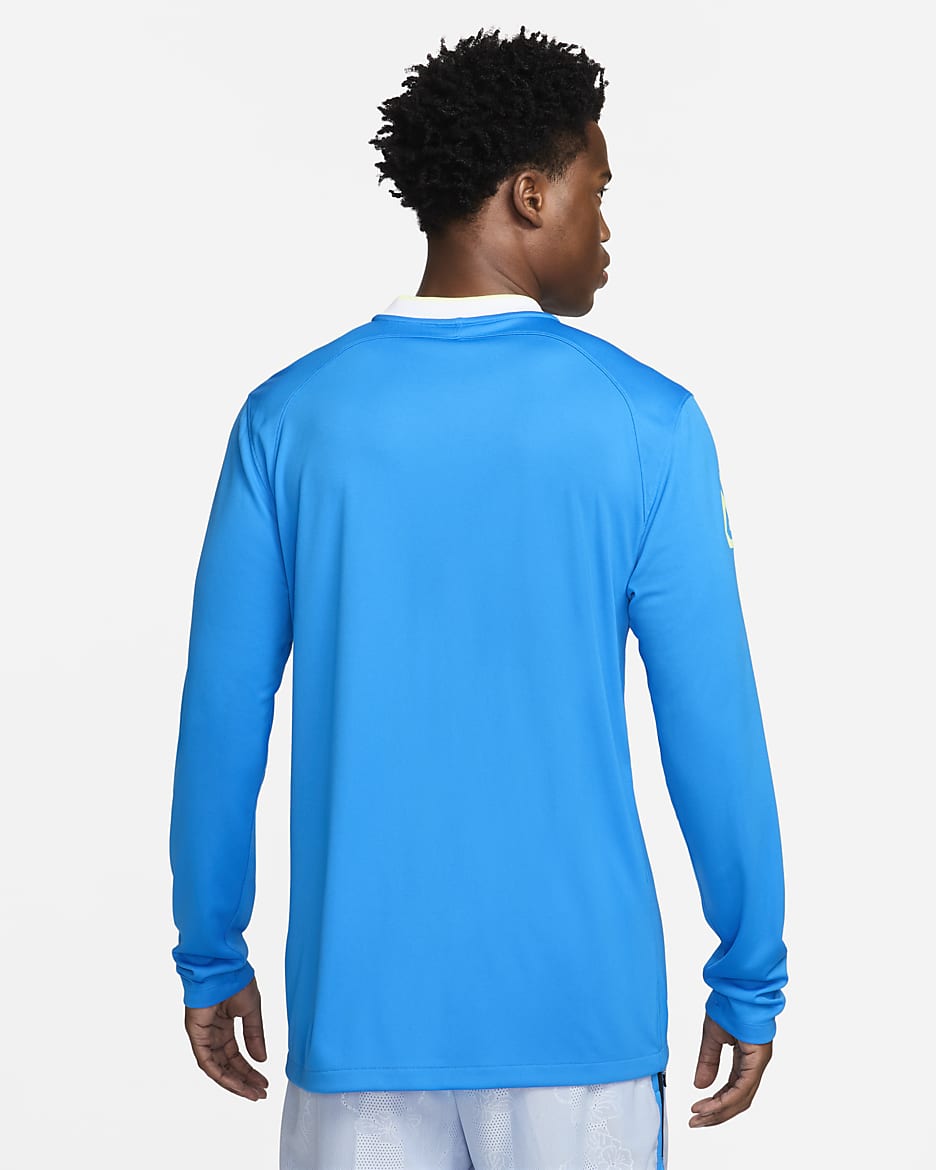 Langærmet Giannis Dri-FIT-basketballoverdel til mænd - Photo Blue/Barely Volt/sort