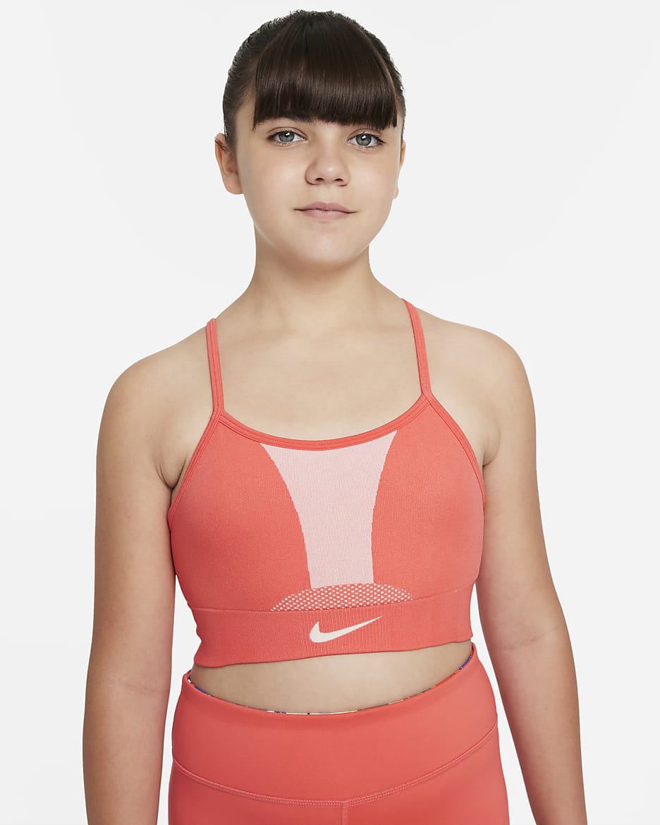 Nike Dri-FIT Indy Big Kids' (Girls') Sports Bra (Extended Size) - Magic Ember/Magic Ember