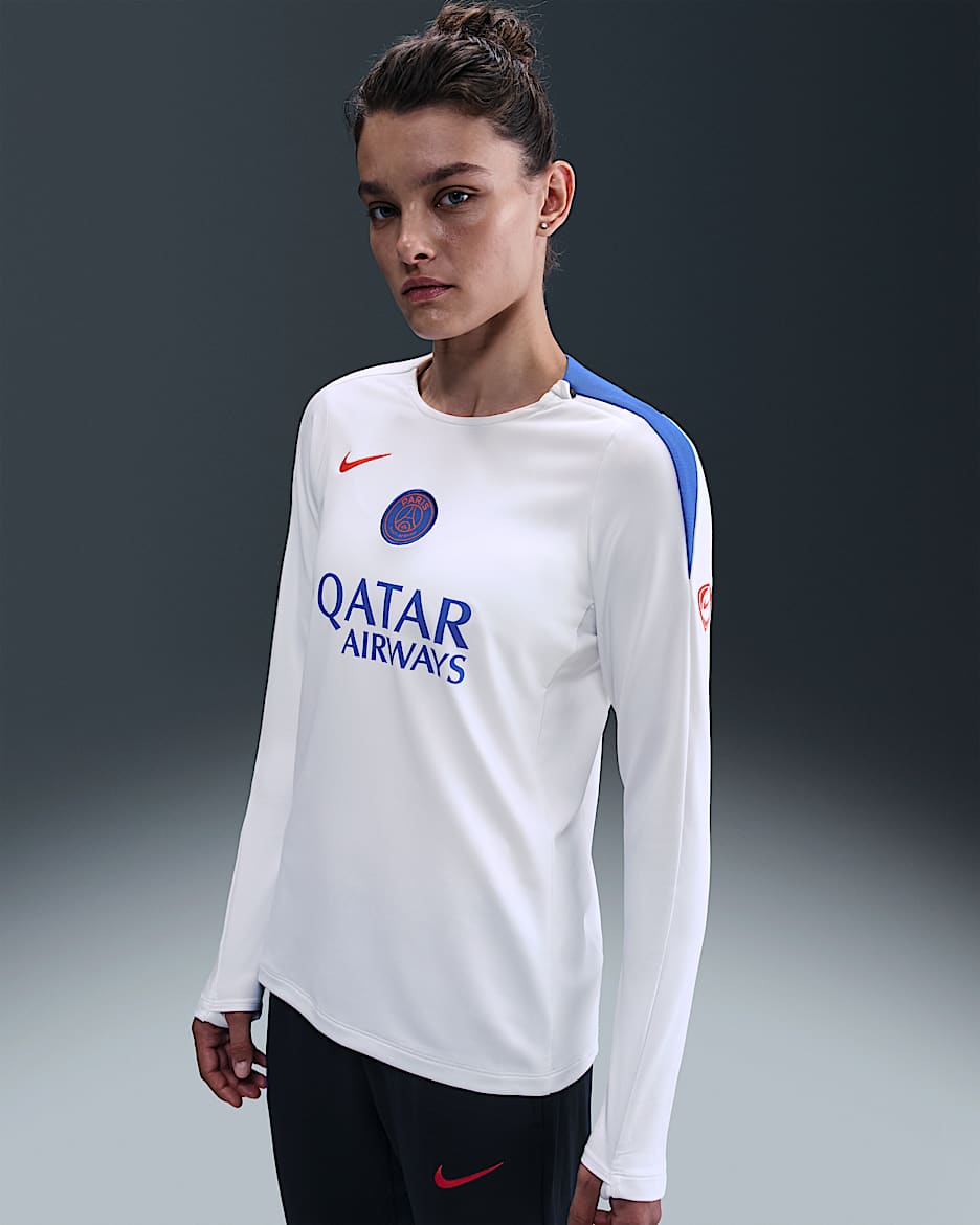 Stickade fotbollströja Paris Saint-Germain Strike (tredjeställ) Nike Dri-FIT Total 90 med rund hals för kvinnor - Vit/Hyper Royal/Global Red