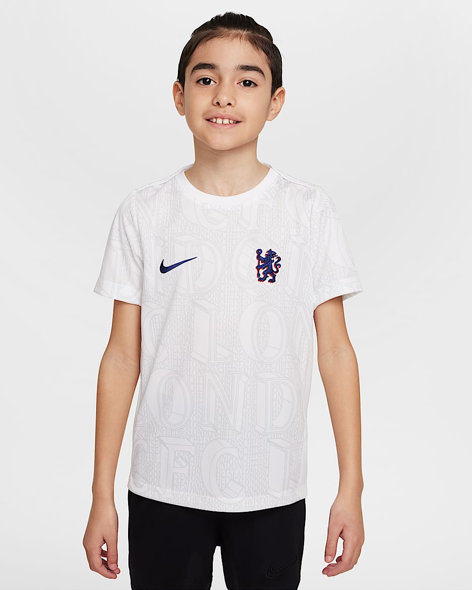 Chelsea FC Academy Pro Nike Dri-FIT Pre-Match-Fußballoberteil (ältere Kinder) - Weiß/Pure Platinum/Rush Blue