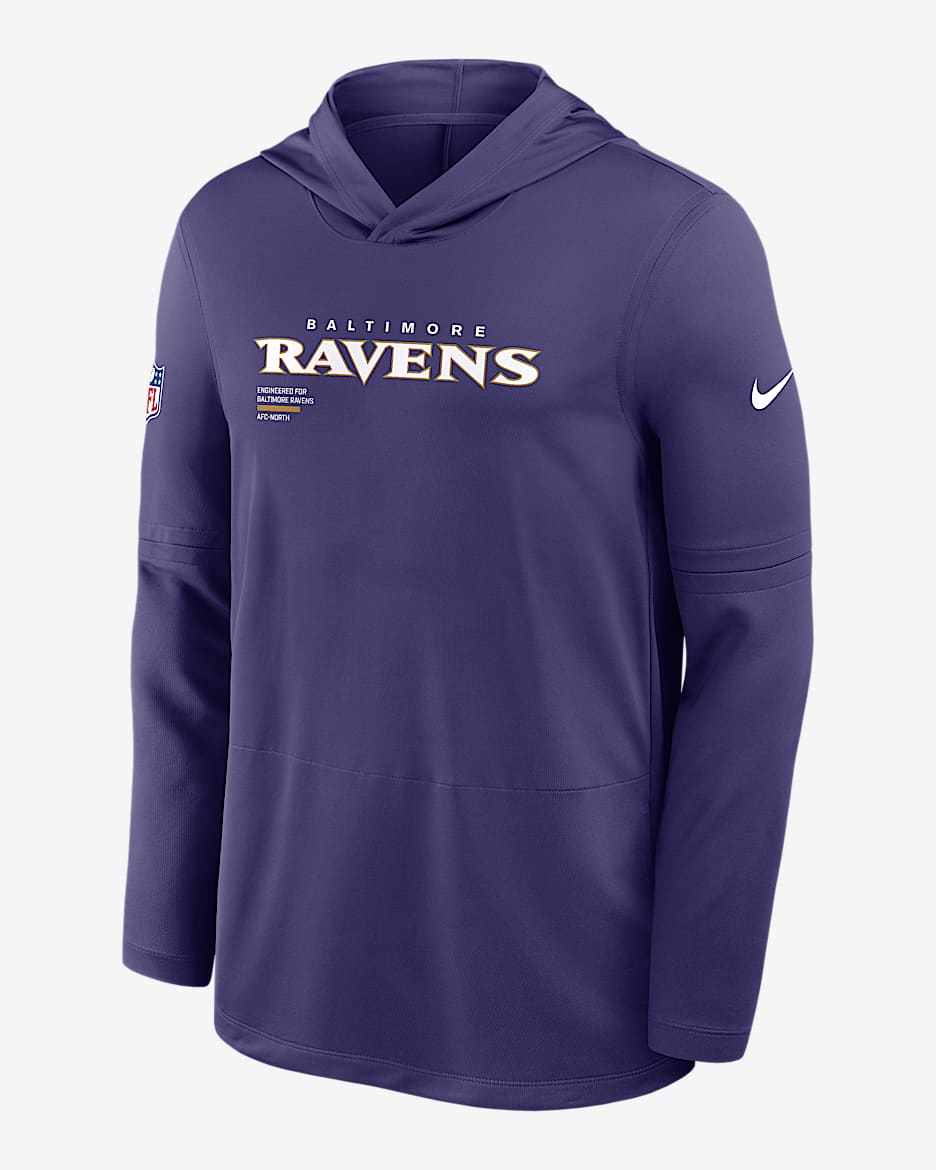 Playera de manga larga Nike Dri-FIT de la NFL con gorro para hombre Baltimore Ravens Pure Fury Sideline - Morado