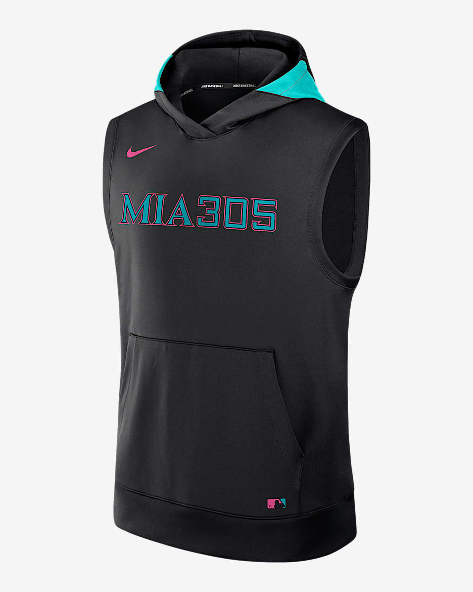 Sudadera con gorro sin cierre ni mangas Nike Dri-FIT de la MLB para hombre Miami Marlins Authentic Collection City Connect - Negro