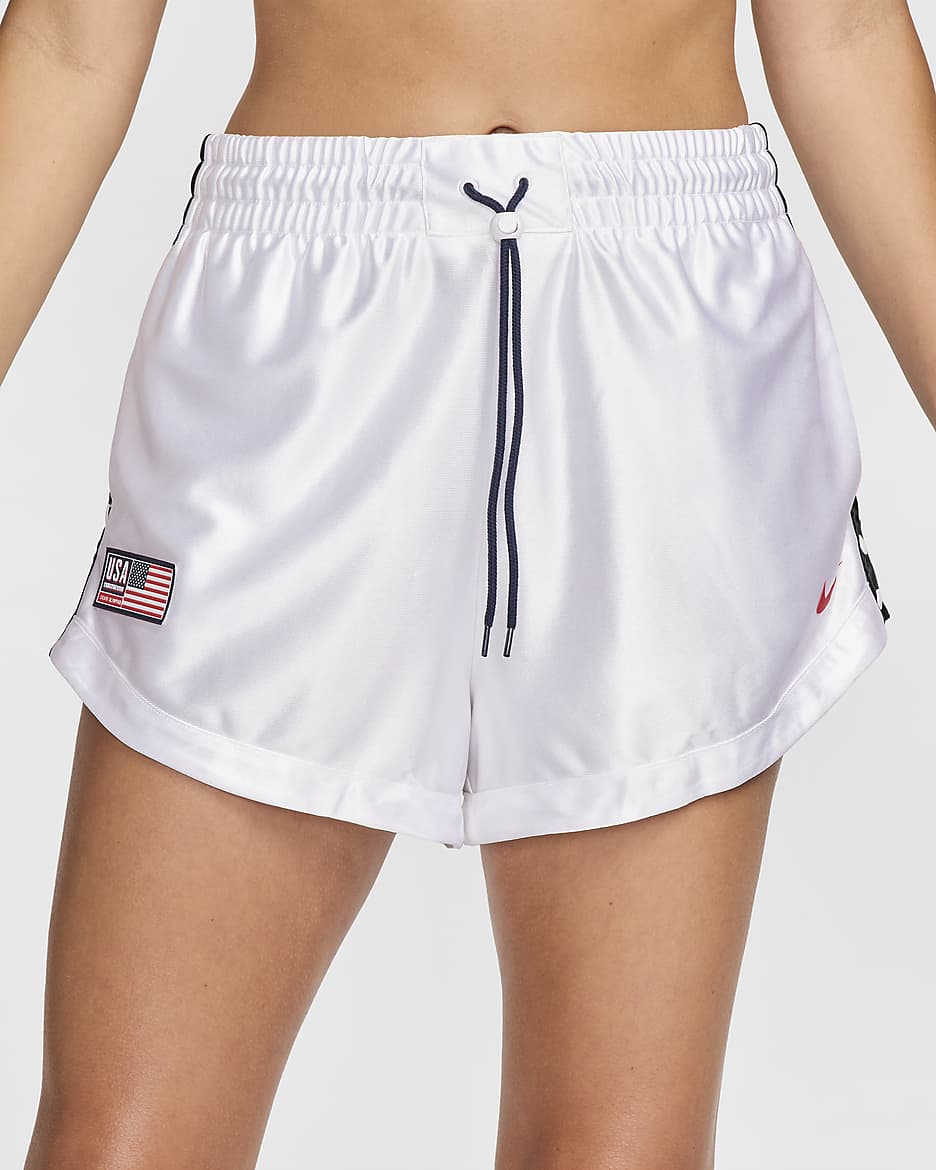 Shorts de básquetbol Nike de tiro alto para mujer USA Village - Blanco/Obsidiana/Blanco/Rojo deportivo