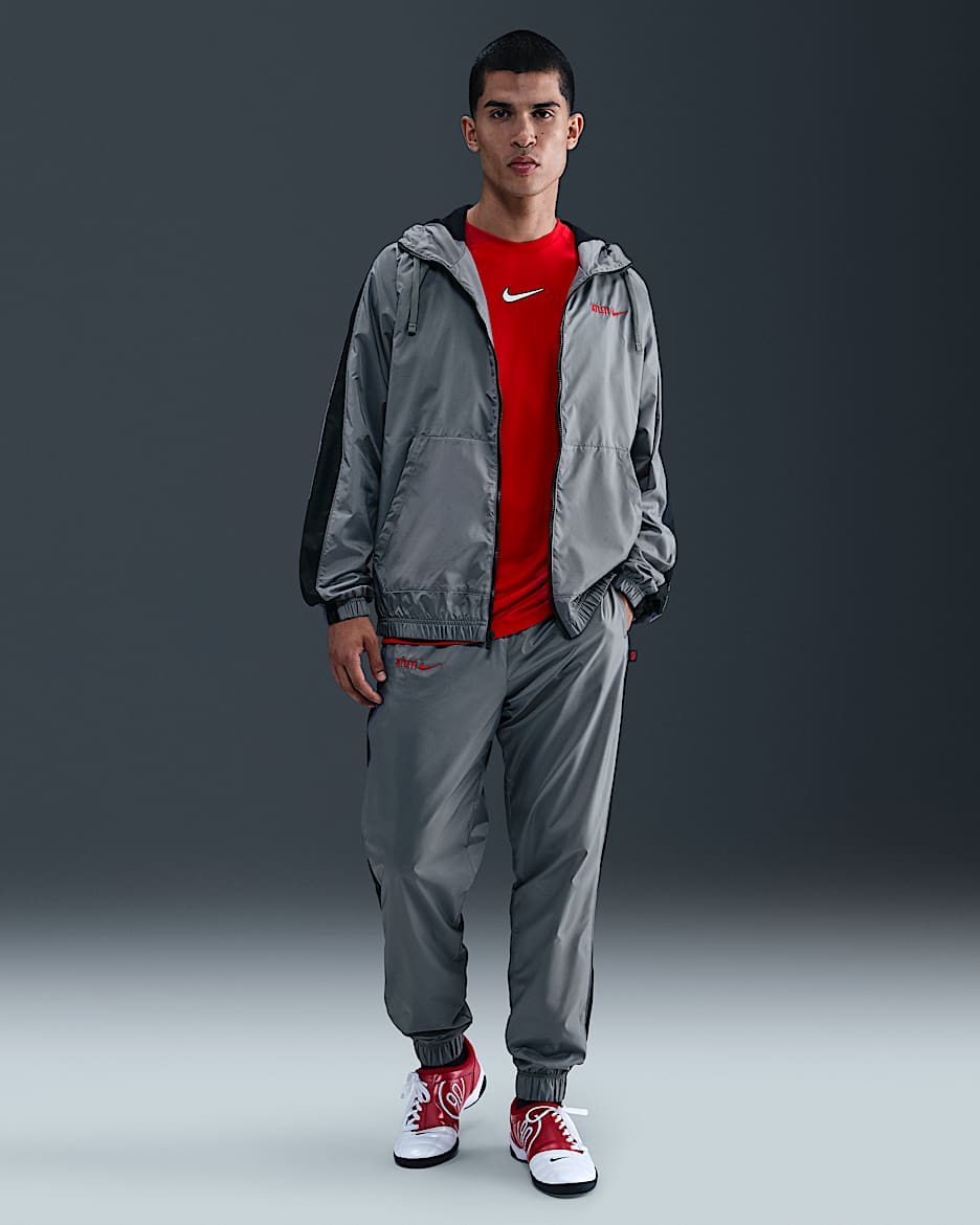 Atlético Madrid Nike geweven voetbaltrainingspak met capuchon voor heren - Smoke Grey/Zwart/Sport Red